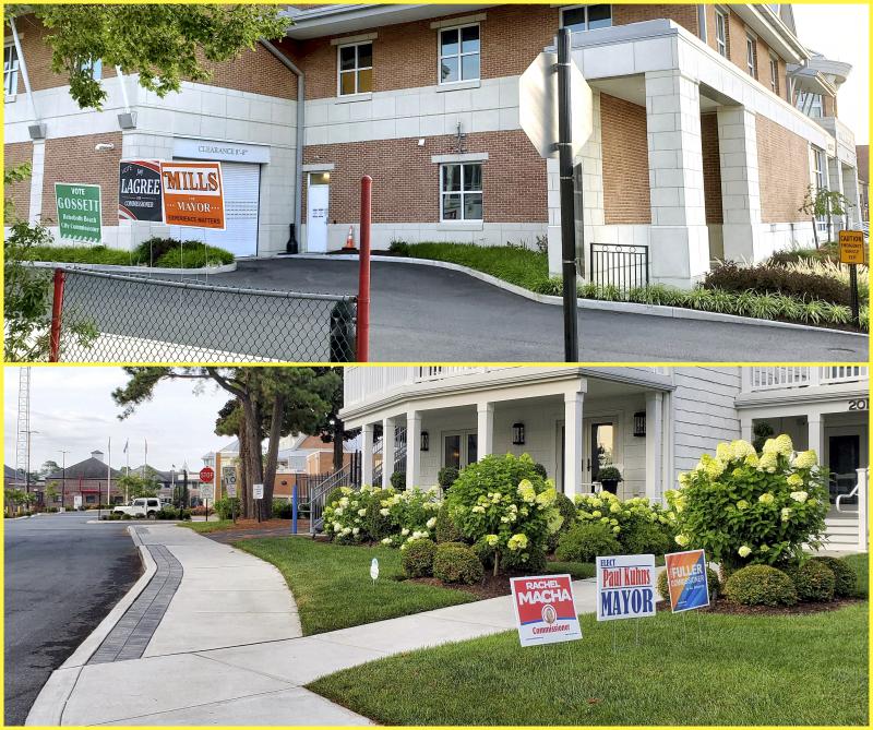 With just weeks to go until Rehoboth Beach’s election Aug. 8, the candidates recently participated in a forum hosted by CAMP Rehoboth and the Rehoboth Beach Homeowners’ Association. Candidate campaign signs have been placed throughout the city, including on both sides of city hall. On top is the Rehoboth Avenue side. On the bottom is the Lake Avenue side. The campaign signs are on private property. CHRIS FLOOD PHOTOS
